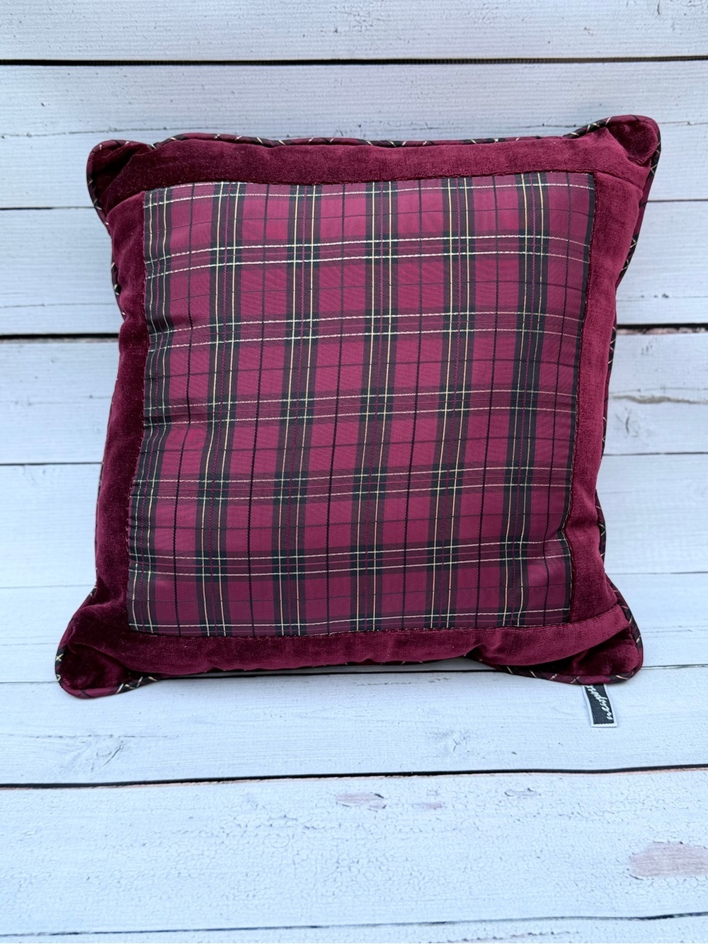 Newport Burgundy Plaid Velvet Trim Decorative Throw Pillow |